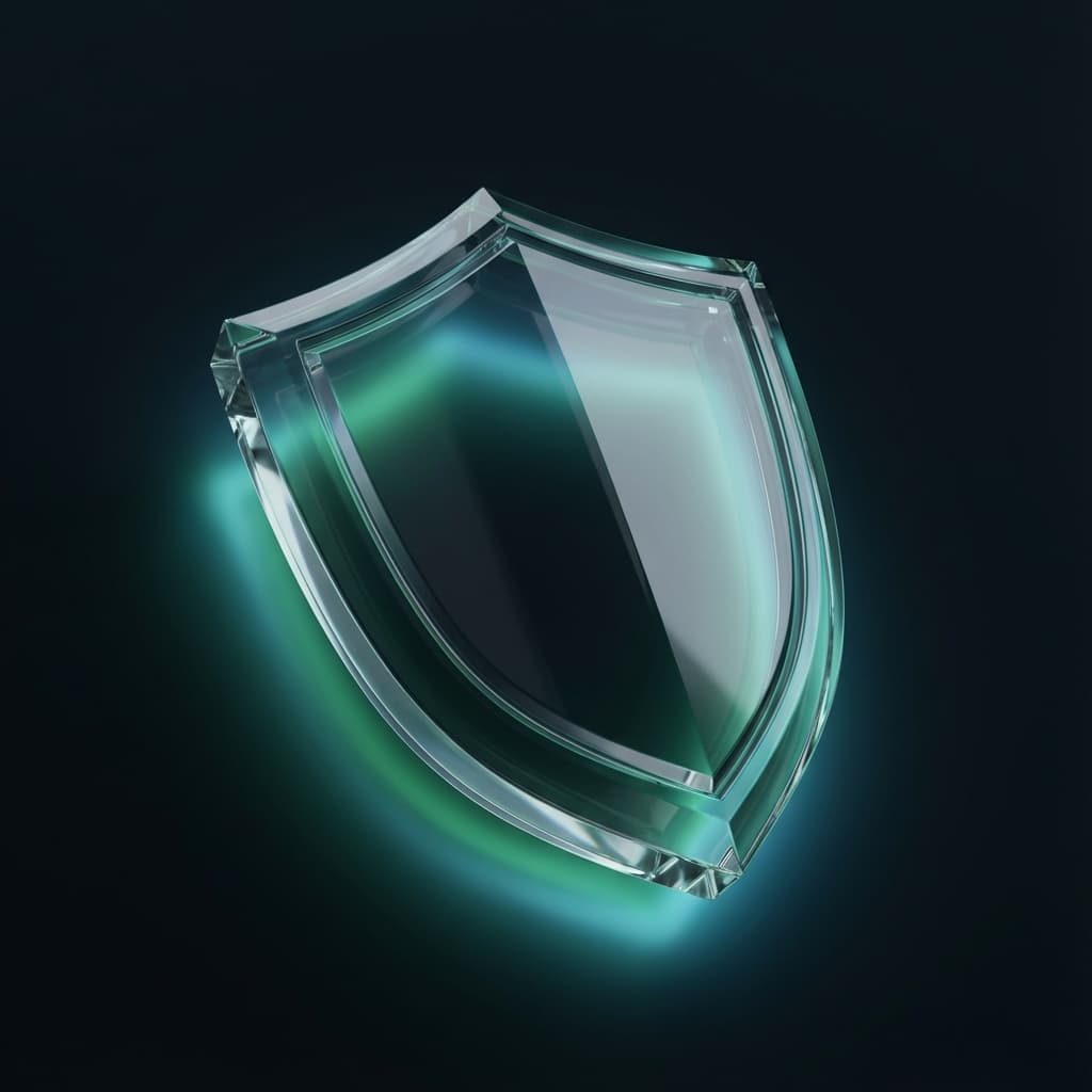 Holographic security shield with center lock and connecting nodes.