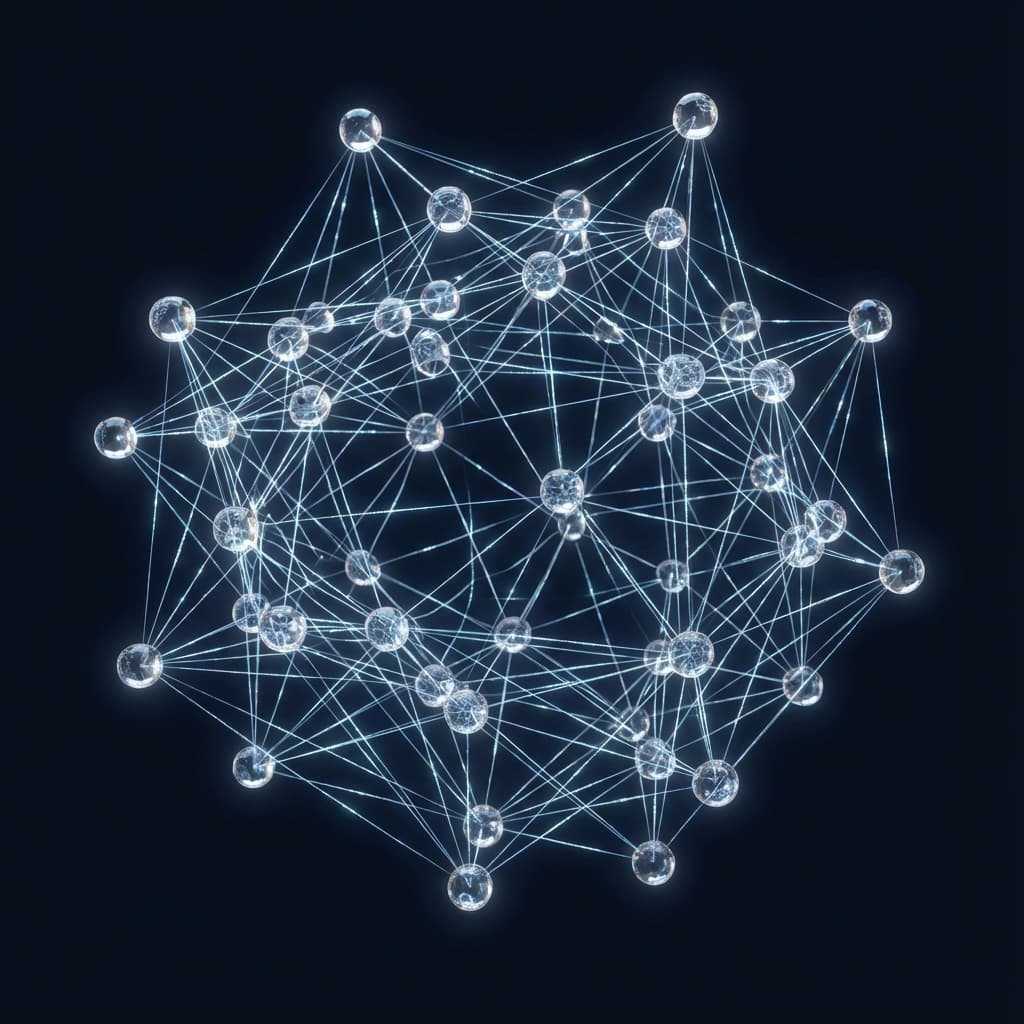Futuristic research core with orbiting data spheres and glowing orbits.