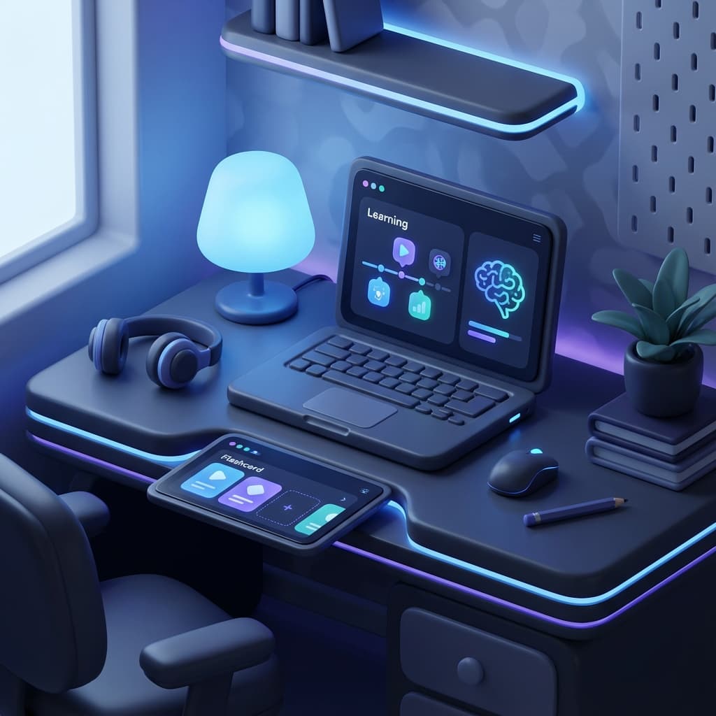 Calm digital study environment with organized floating notes.