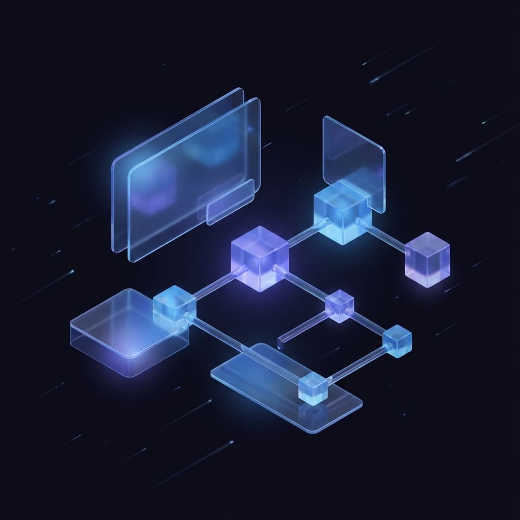 Minimalist futuristic workspace dashboard with glowing glassmorphism panels.