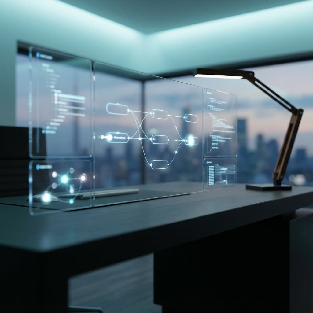 Workflow cards connected across a glowing workspace.